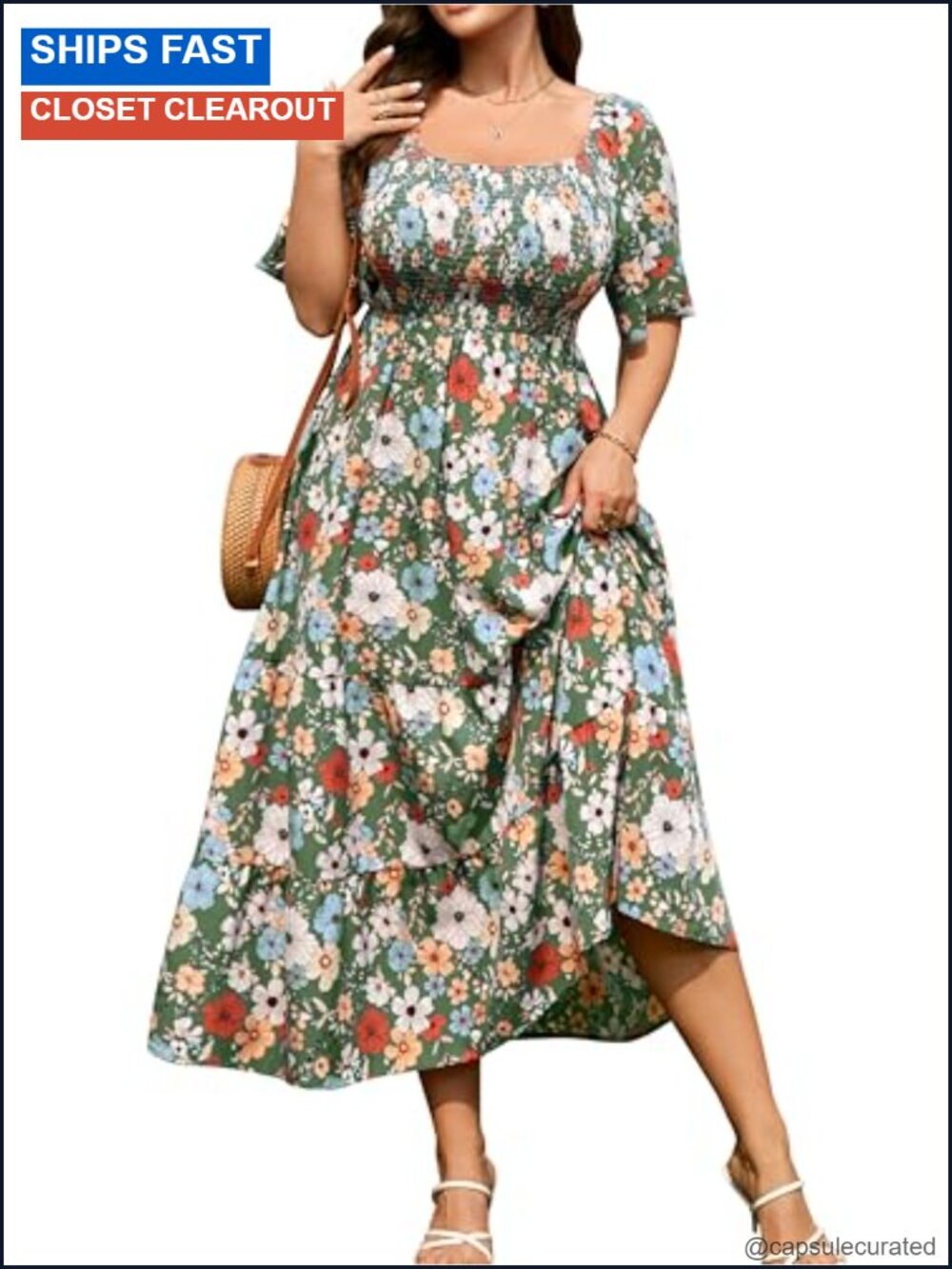 Plus Size Smocked Boho Maxi Dress Short Sleeve Square Neck A-Line